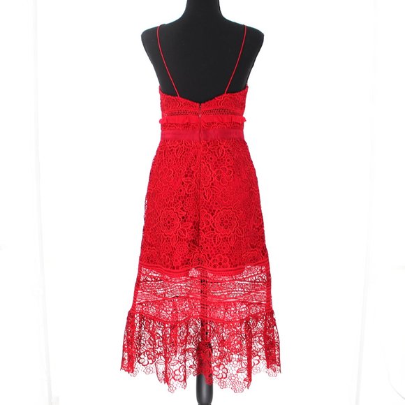 Self-Portrait Raspberry Red Floral Lace Midi Dress Ruffle Sleeveless 4 Small - Picture 6 of 9
